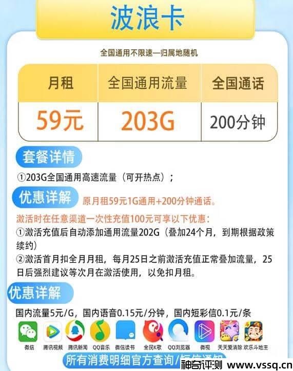 电信波浪卡59元套餐介绍 203G通用流量+200分钟通话