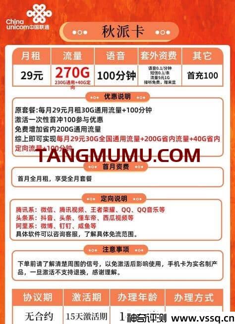 联通秋派卡月租29元，270G流量+100分钟通话