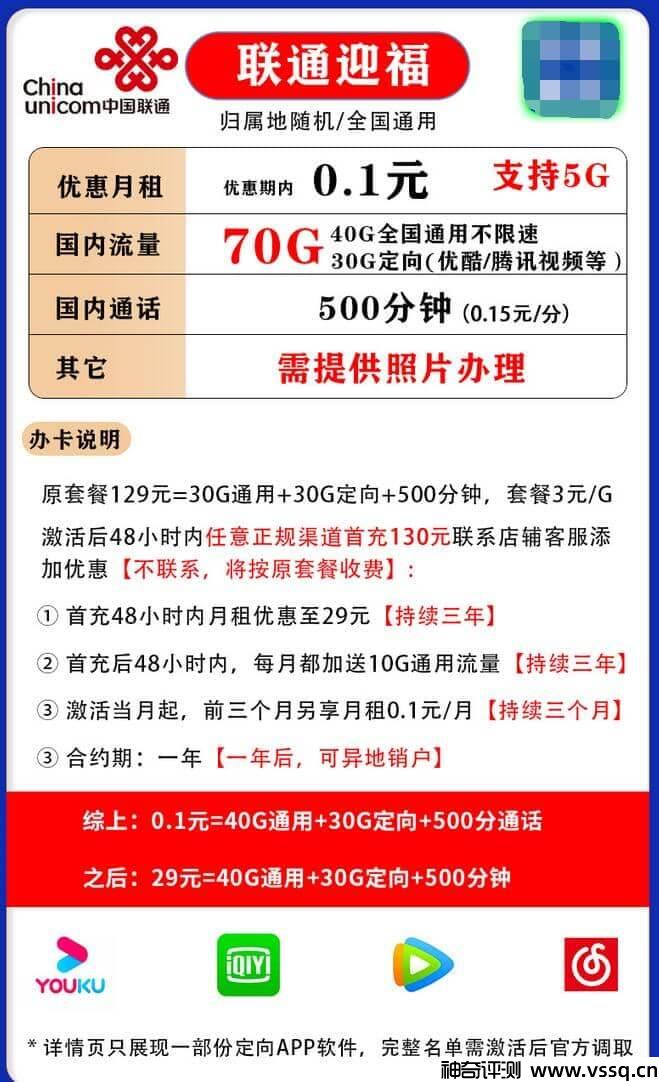 联通迎福卡怎么样？0.1元套餐介绍70G流量+500分钟通话