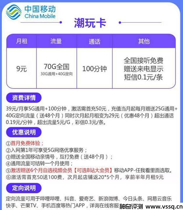 移动潮玩卡怎么样？9元套餐70G流量+100分钟通话+首月免费