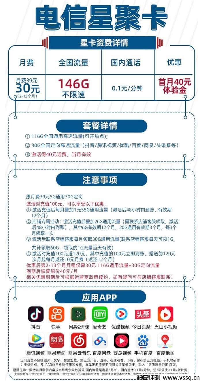 电信星聚卡30元套餐介绍，146G全国流量+套内无免费通话