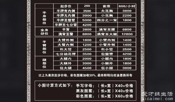 纹身多少钱价格表 200元起步